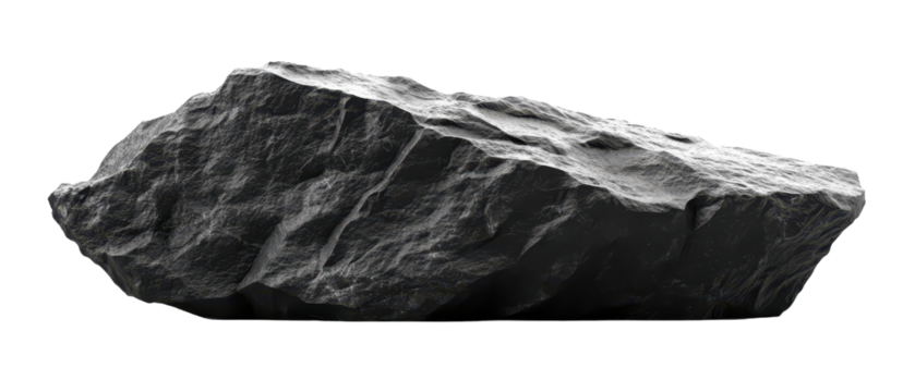 A textured black rock PNG isolated on transparent background, white background.