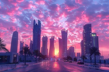 Fototapeta premium Pink sunset over a modern city skyline.