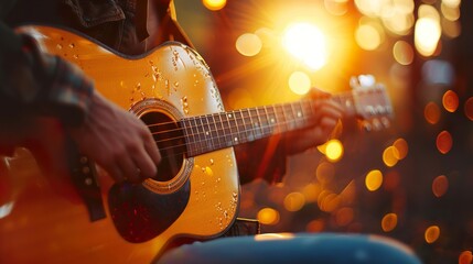 Naklejka premium Acoustic Guitar Player at Sunset: A Moment of Musical Bliss