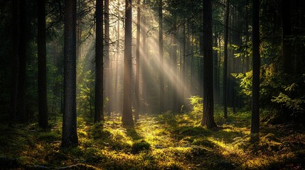 Rays of Light Through a Serene Forest Scene