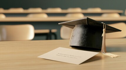 A graduation cap sits on a desk beside an invitation, symbolizing achievement and the transition to a new chapter in life.