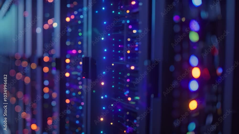 Poster an organized row of computer servers in a data center, with blinking lights indicating activity and 