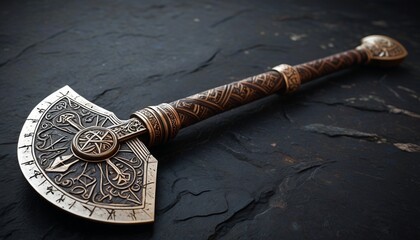 An intricately designed battle axe with runes etched into its blade, positioned on a dark stone surface, showcasing its formidable power, Generative AI