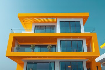 Modern orange and white house with a blue sky in the background.
