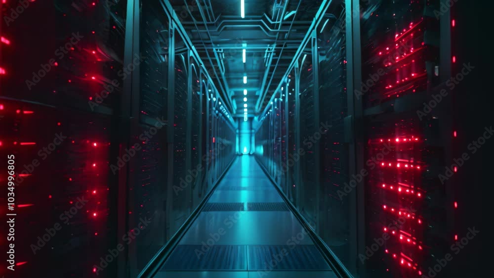 Poster a video depicting multiple rows of servers illuminated by red and blue lights in a busy data center,