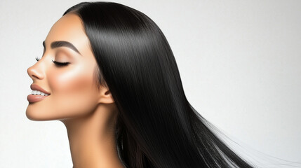 Fototapeta premium Sleek black hair with a healthy shine, Silky smooth hair after hair treatment. Cosmetics photo, beauty industry advertising photo.