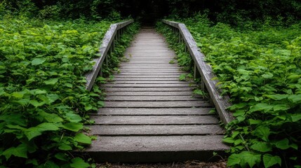 A serene wooden bridge surrounded by lush greenery, leading through a vibrant natural pathway into the depths of the forest, inviting exploration.