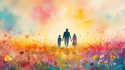 Fototapeta premium Vibrant Watercolor Silhouette of Family Walking Through Colorful Meadow