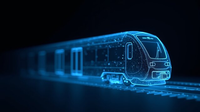 fast train hologram with blue light particles on dark background