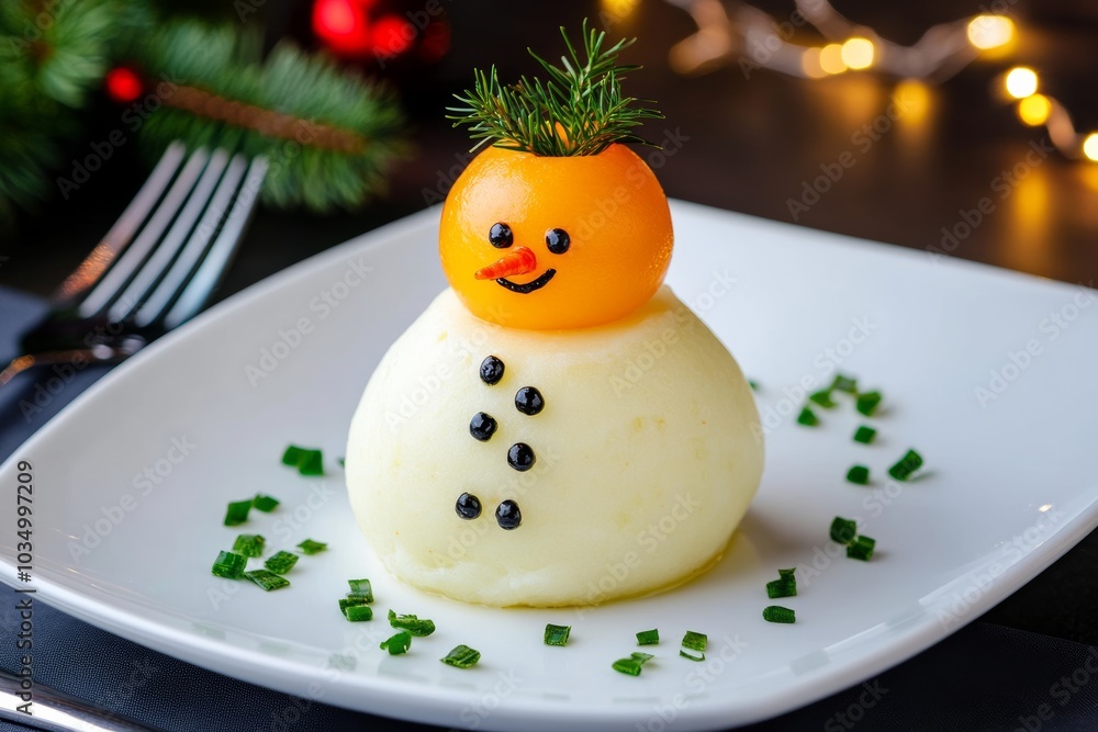 Poster plate of food with a snowman on it. the snowman is made of mashed potatoes and has a carrot nose. th