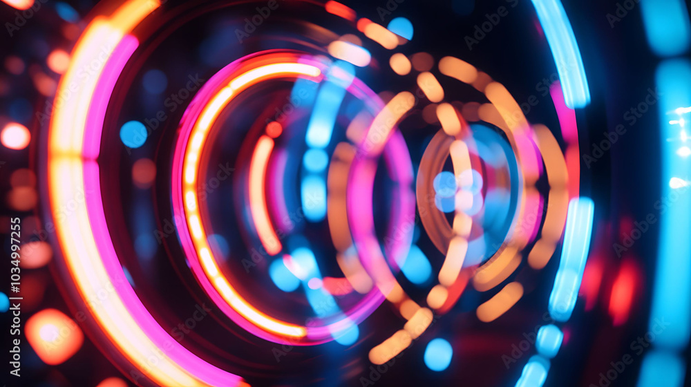 Poster neon circle illumination, vibrant strobe designs with colorful lines and dynamic patterns, creating 