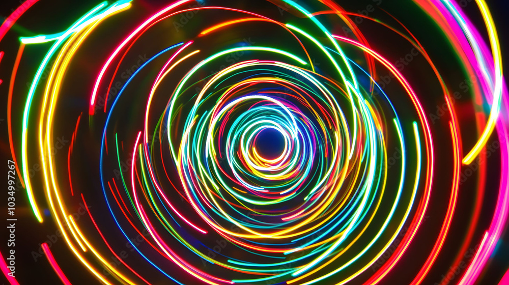 Poster neon strobe circles, vibrant circular patterns with dynamic lines, illuminated in various colors, cr