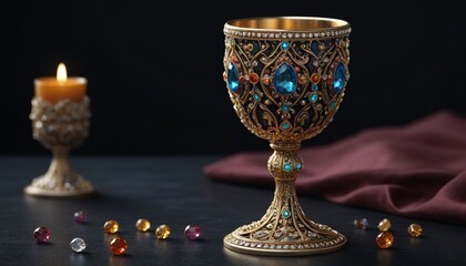 A beautifully crafted goblet encrusted with jewels, set on a dark table, inviting tales of feasts and celebrations, Generative AI