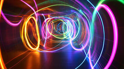 Obraz premium Vibrant strobe circle designs, dynamic lines, colorful neon lights creating an energetic visual experience