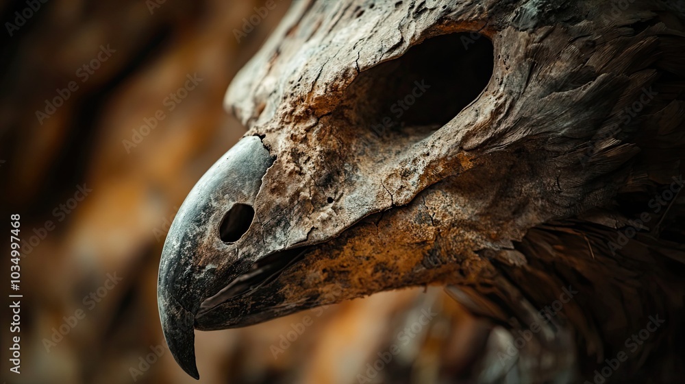 Poster close-up of a weathered eagle skull with a visible beak and eye socket