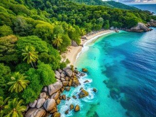 Stunning aerial shot of Anse Lazio Beach, highlighting its crystal-clear turquoise waters and rich greenery, depicting the enchanting allure of Seychelles' tropical environment.