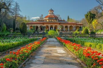 A stone path leads through a garden towards a grand building with a terracotta roof.