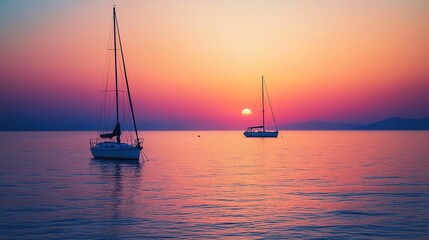 Serene Sunset Over Calm Water with Sailing Boats