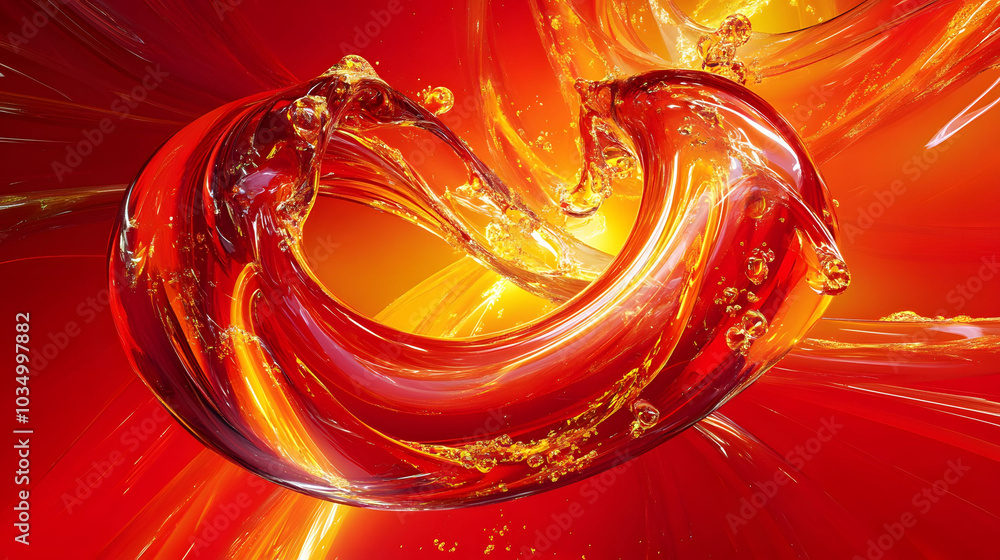 Poster vibrant swirls on red, dynamic shapes and arcs create a vivid interplay of color, inspired by chemic