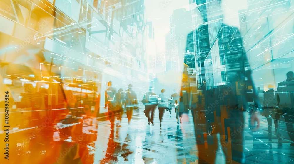 Poster a futuristic multiple exposure image exploring the intersection of time and action in a businessman'