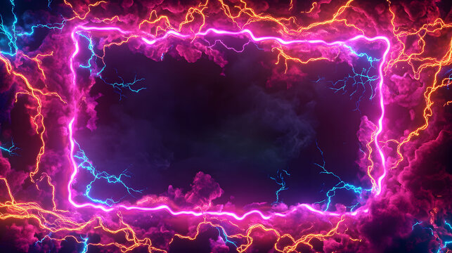 Psychedelic Neon Electric Border, vibrant square design, dynamic colors, ideal for enhancing music magazine cover visuals