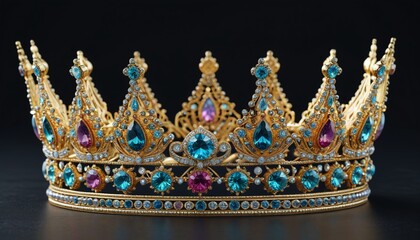 Obraz premium An ornate crown set with sparkling jewels, laid on a dark surface, representing sovereignty and power, Generative AI