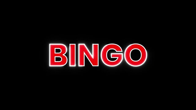 Animated neon sign with the word "BINGO" in bold red letters with white outlines. Perfect for game shows, parties, and casino themes.