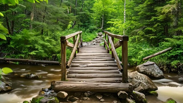 A wooden bridge crosses over a flowing stream in the midst of a lush forest, surrounded by tall trees and vibrant green foliage, Rustic wooden bridge crossing a babbling brook