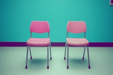 Obraz premium Two Pink Chairs Against a Blue Wall: Minimalist Interior Design