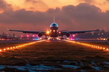 Airplane taxiing down the runway at sunset.
