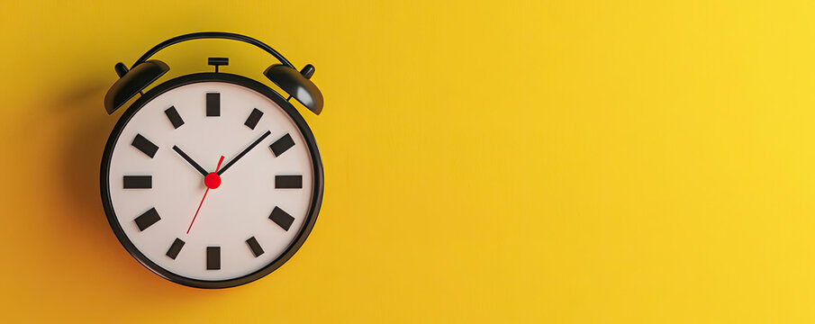 Classic black alarm clock on bright yellow background, symbolizing time management and the importance of punctuality in daily life.