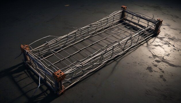 A makeshift trap made from barbed wire, lying on a dark surface, illustrating the creativity needed to outsmart zombies, Generative AI