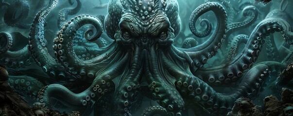 Dark underwater scene of a mythical creature with tentacles spreading out in all directions, creating a sense of mystery and fear.
