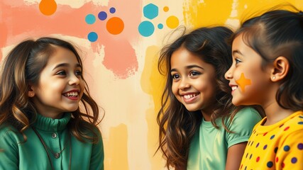 Three children joyfully interacting in a colorful setting with playful expressions and artistic backgrounds during a sunny afternoon