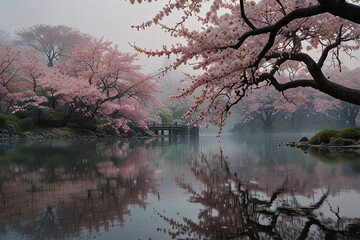 Ethereal Morning Light Over Delicate Sakura Blossoms in a Serene Park