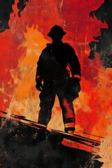 Silhouette of a Brave Firefighter Standing Against a Dramatic Backdrop
