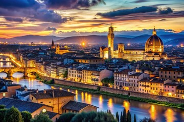 Fototapeta premium Stunning Florence skyline at night with the Arno River shimmering, revealing the magical beauty and illuminated architecture of Tuscany, Italy's historical jewel.