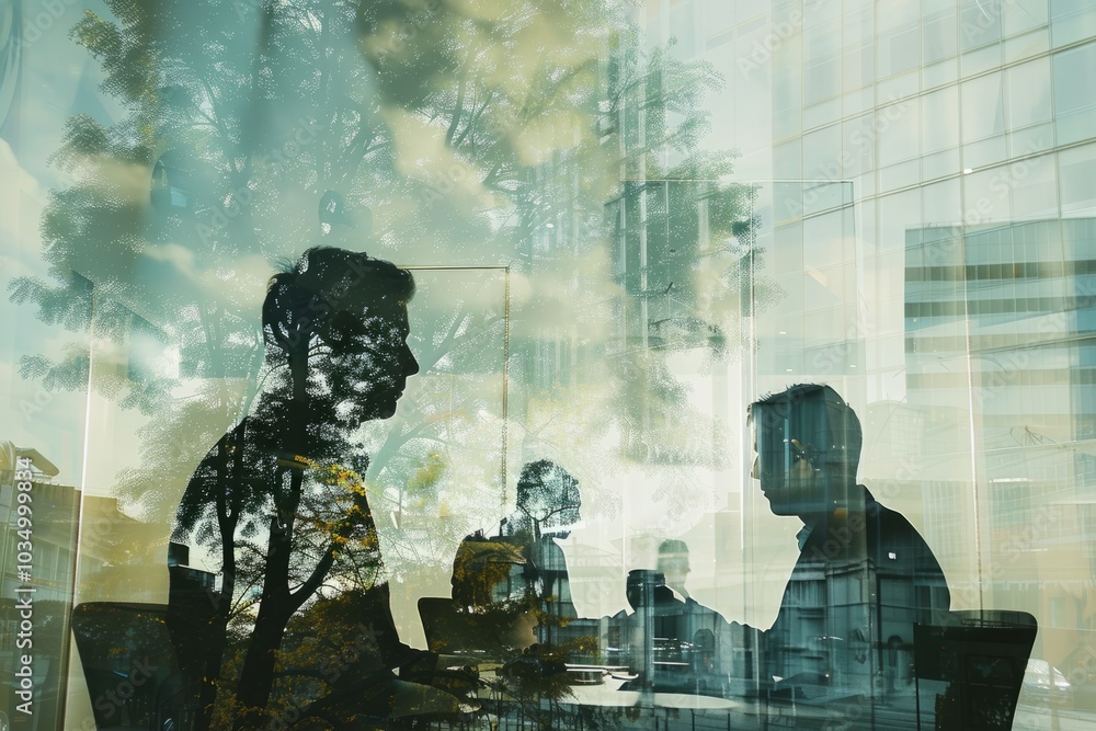 Poster a thought-provoking multiple exposure image exploring the interconnectedness of a businessman's acti