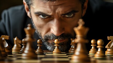 A champion chess player making the final move, the chessboard in focus with the winning piece highlighted, symbolizing strategic victory