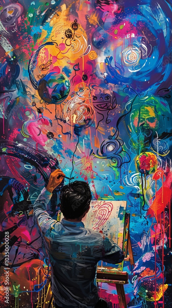 Poster a vibrant artist creating art with art icons and symbols floating around, representing creativity an