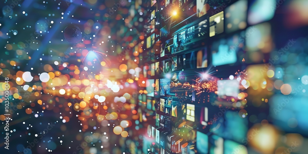 Poster vibrant digital display with abstract light bokeh and colorful screens in a modern technology concep