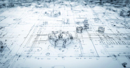 Fototapeta premium Technical drawing showing various mechanical parts and industrial components arranged in a systematic blueprint for construction.