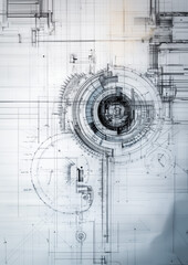 Detailed technical drawing showcasing machinery and engineering parts arranged with precision in a blueprint format.