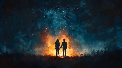 A couple holding hands near a campfire under a starry night sky, the flickering fire casting soft shadows, surrounded by nature, calm and peaceful, watercolor, dreamy
