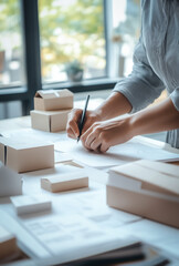 A product designer sketches creative packaging prototypes on a table, surrounded by paper boxes and design materials in a bright, modern workspace. The scene emphasizes innovation and craftsmanship.