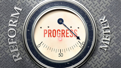 Progress and Reform that is hitting a full scale, showing a very high level of progress, overload of it, too much of it. Maximum value, off the charts.  ,3d illustration