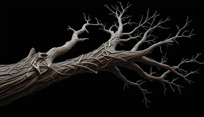 A twisted tree branch, carved with runes, lying on a black backdrop, representing the dark magic intertwined with Dracula's legend, Generative AI