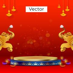 Diwali festival of India background, greeting card, poster banner, postcard design with podium and diya lights.
