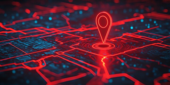 Red siren light pulsing within a neonoutlined map, enclosed to highlight SEO warning, with local place markers, Futuristic, Digital Art