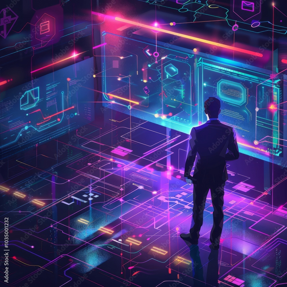 Poster futuristic digital interface with holographic displays and businessman in neon lit environment analy